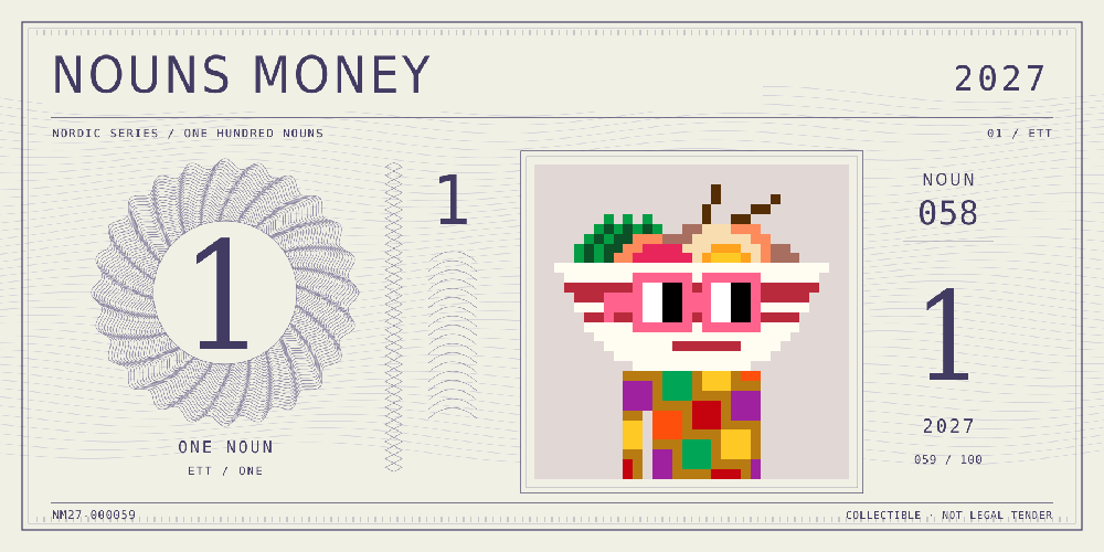 Nouns Money Nordic 2027 design with authentic Noun #58, design serial NM27-000059