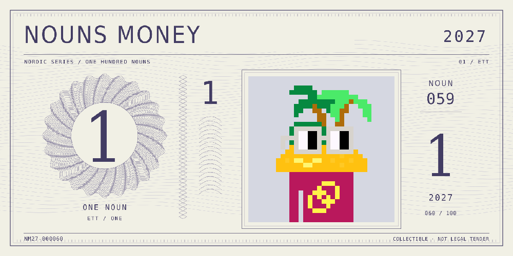 Nouns Money Nordic 2027 design with authentic Noun #59, design serial NM27-000060