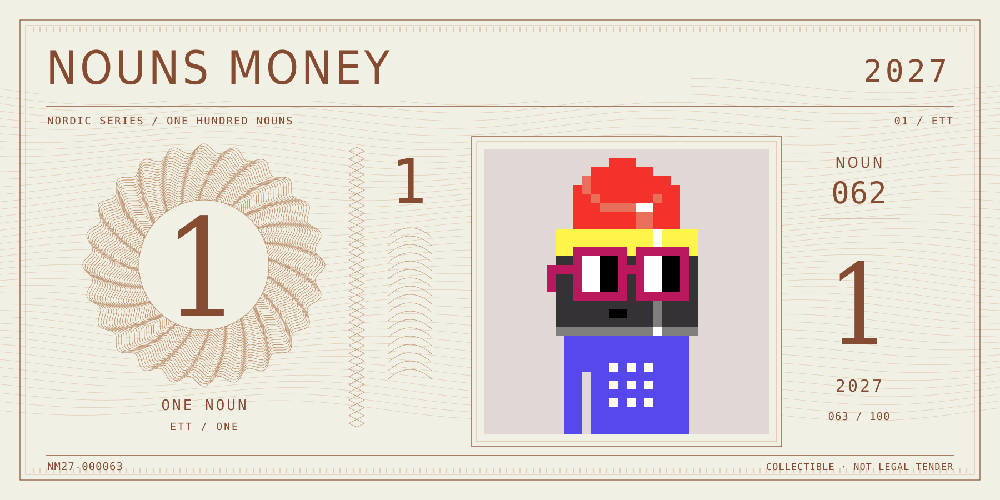 Nouns Money Nordic 2027 design with authentic Noun #62, design serial NM27-000063