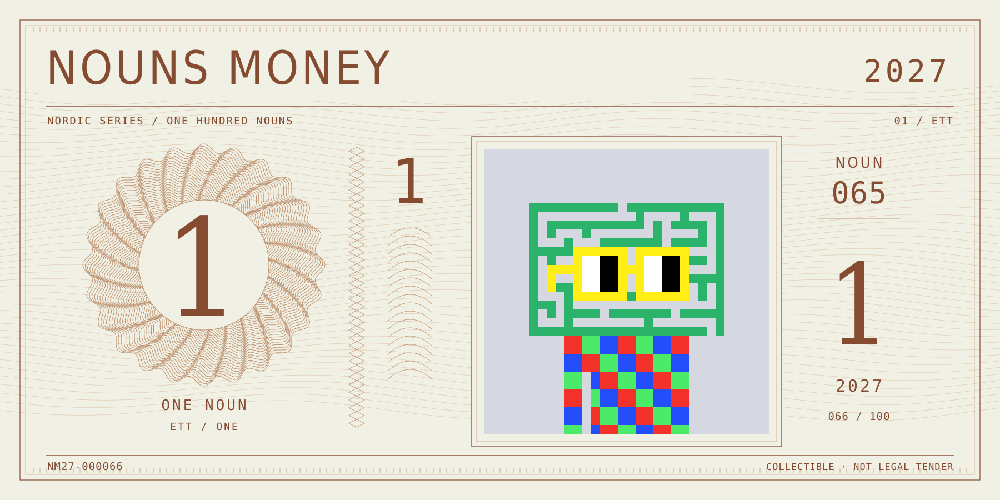 Nouns Money Nordic 2027 design with authentic Noun #65, design serial NM27-000066