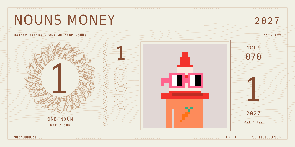 Nouns Money Nordic 2027 design with authentic Noun #70, design serial NM27-000071