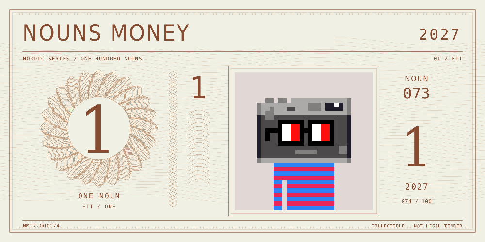 Nouns Money Nordic 2027 design with authentic Noun #73, design serial NM27-000074