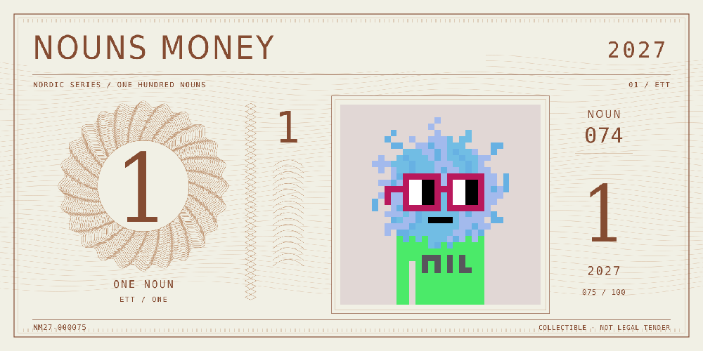 Nouns Money Nordic 2027 design with authentic Noun #74, design serial NM27-000075