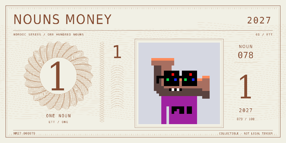 Nouns Money Nordic 2027 design with authentic Noun #78, design serial NM27-000079
