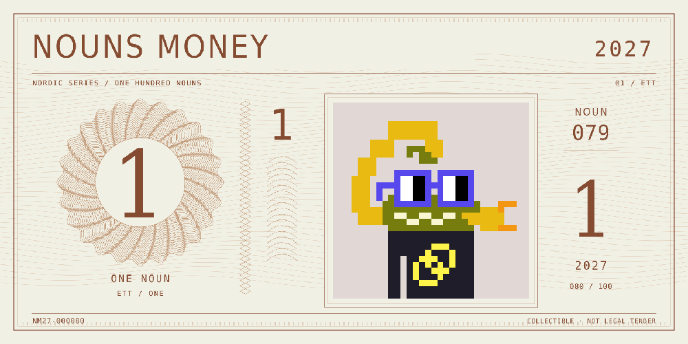 Nouns Money Nordic 2027 design with authentic Noun #79, design serial NM27-000080