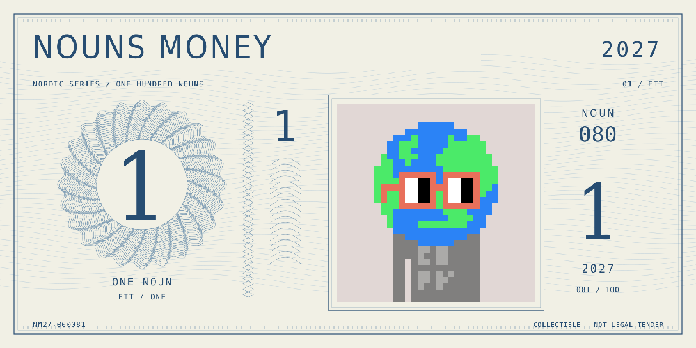 Nouns Money Nordic 2027 design with authentic Noun #80, design serial NM27-000081