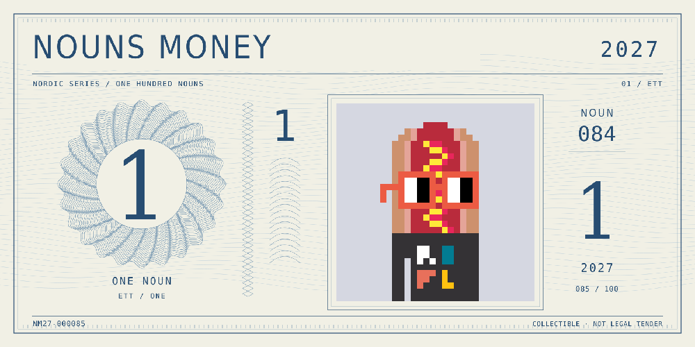Nouns Money Nordic 2027 design with authentic Noun #84, design serial NM27-000085
