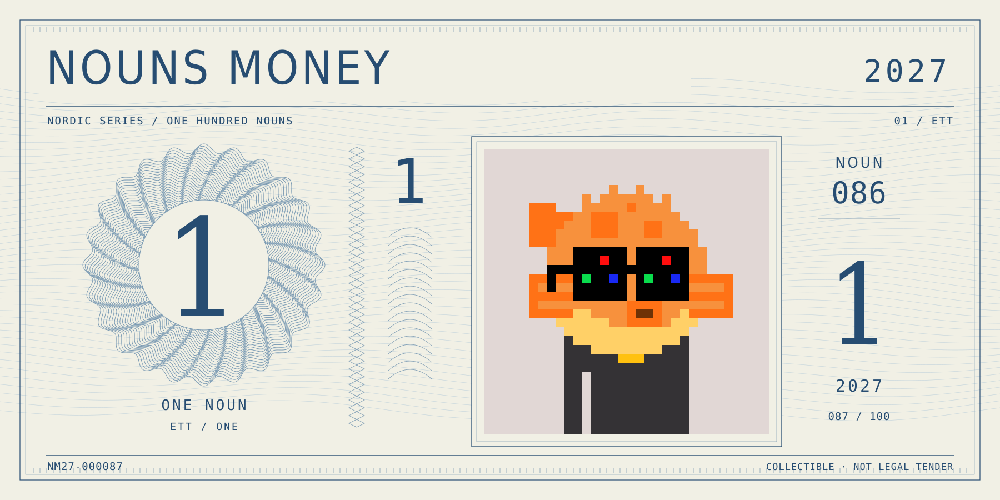 Nouns Money Nordic 2027 design with authentic Noun #86, design serial NM27-000087