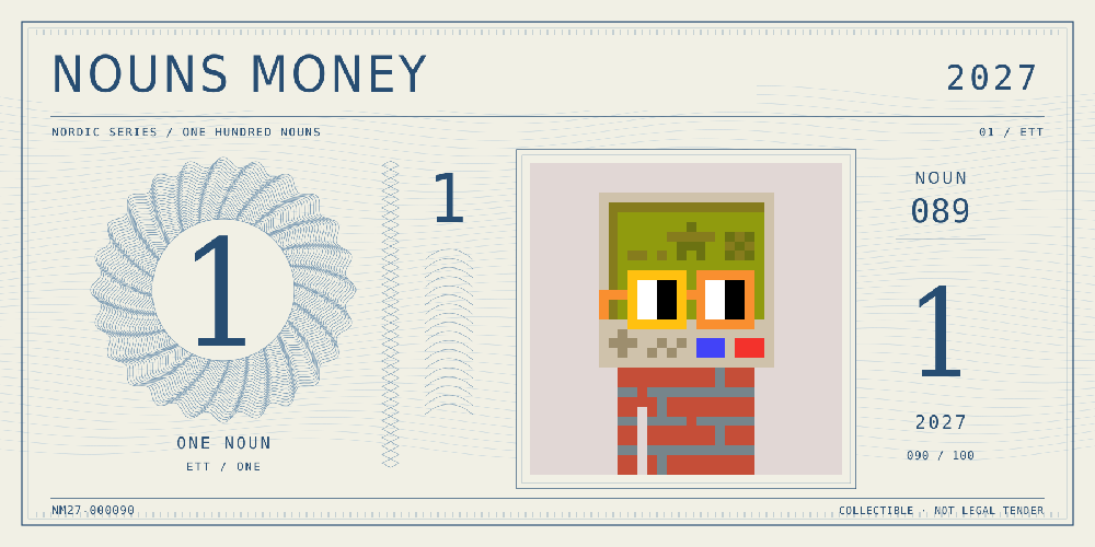 Nouns Money Nordic 2027 design with authentic Noun #89, design serial NM27-000090