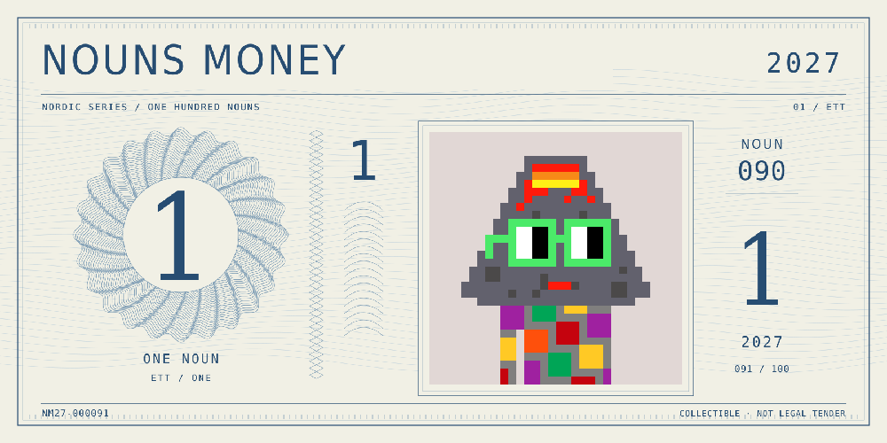 Nouns Money Nordic 2027 design with authentic Noun #90, design serial NM27-000091