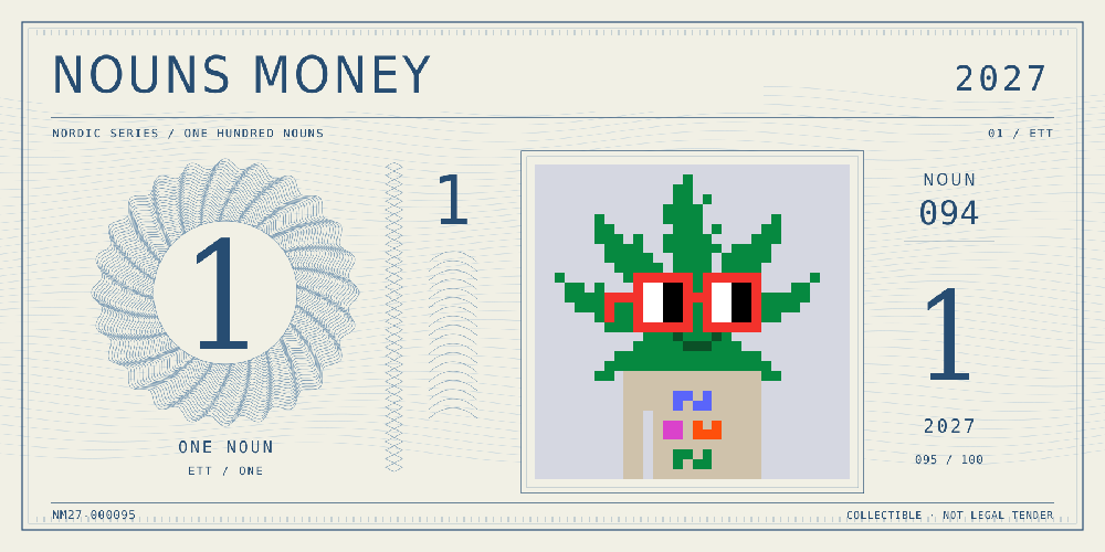 Nouns Money Nordic 2027 design with authentic Noun #94, design serial NM27-000095