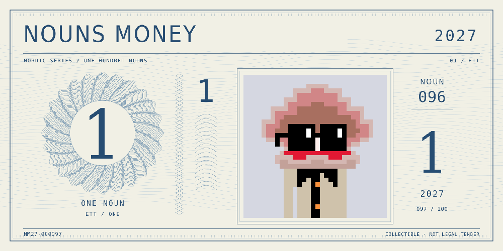 Nouns Money Nordic 2027 design with authentic Noun #96, design serial NM27-000097