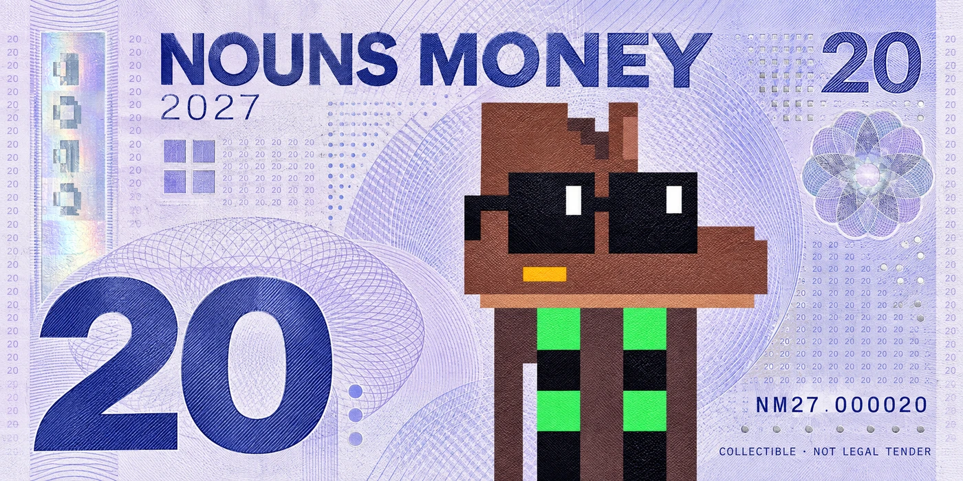 Lilac Ultramarine Twenty, a generated Nordic 2027 Nouns Money currency-inspired concept using a reference to Noun #3; visual effects only
