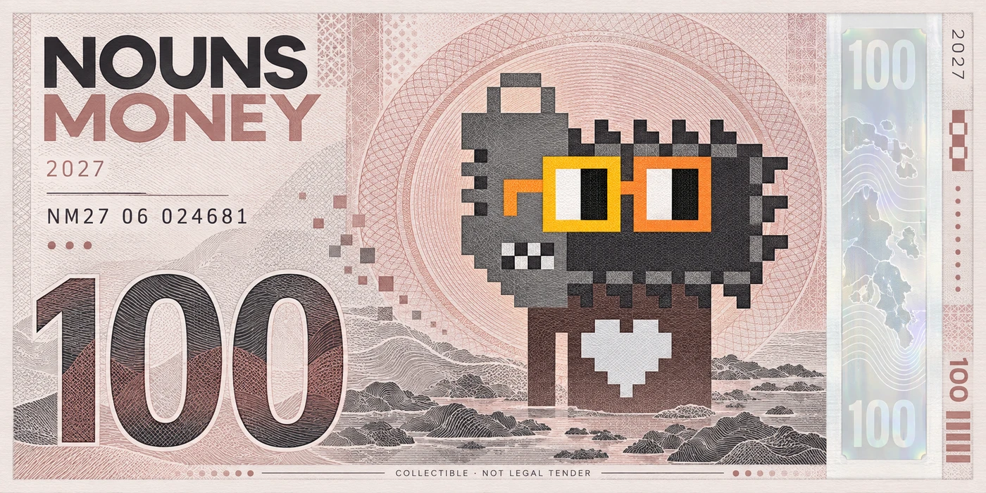 Rose Charcoal 100, a generated Nordic 2027 Nouns Money currency-inspired concept using a reference to Noun #5; visual effects only