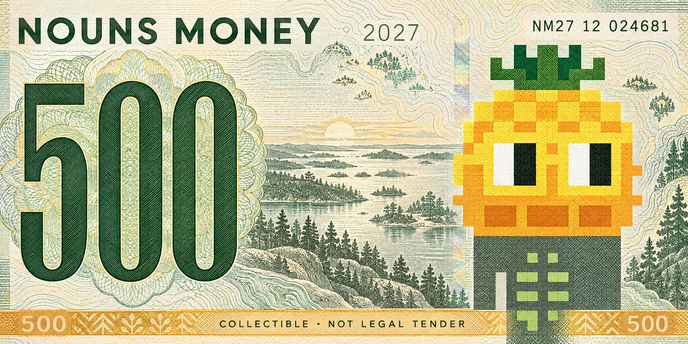 Moss Ochre 500, a generated Nordic 2027 Nouns Money currency-inspired concept; visual effects only