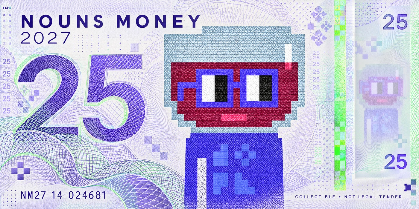 Violet Fluorogreen 25, a generated Nordic 2027 Nouns Money currency-inspired concept; visual effects only