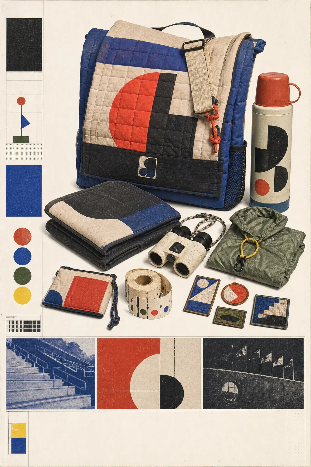 A repairable quilted blanket bag with thermos, folding seat pad, binoculars, rain shell, paper ticket roll, small wallet, and original woven patches