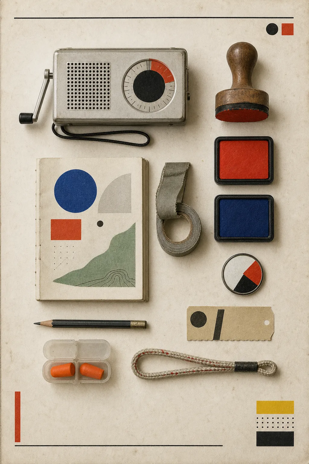 A tabletop arrangement of a hand-crank radio, rubber stamp, red and blue ink pads, abstract paper field guide, repair tape, token, pencil, earplugs, transit tab, and wrist loop