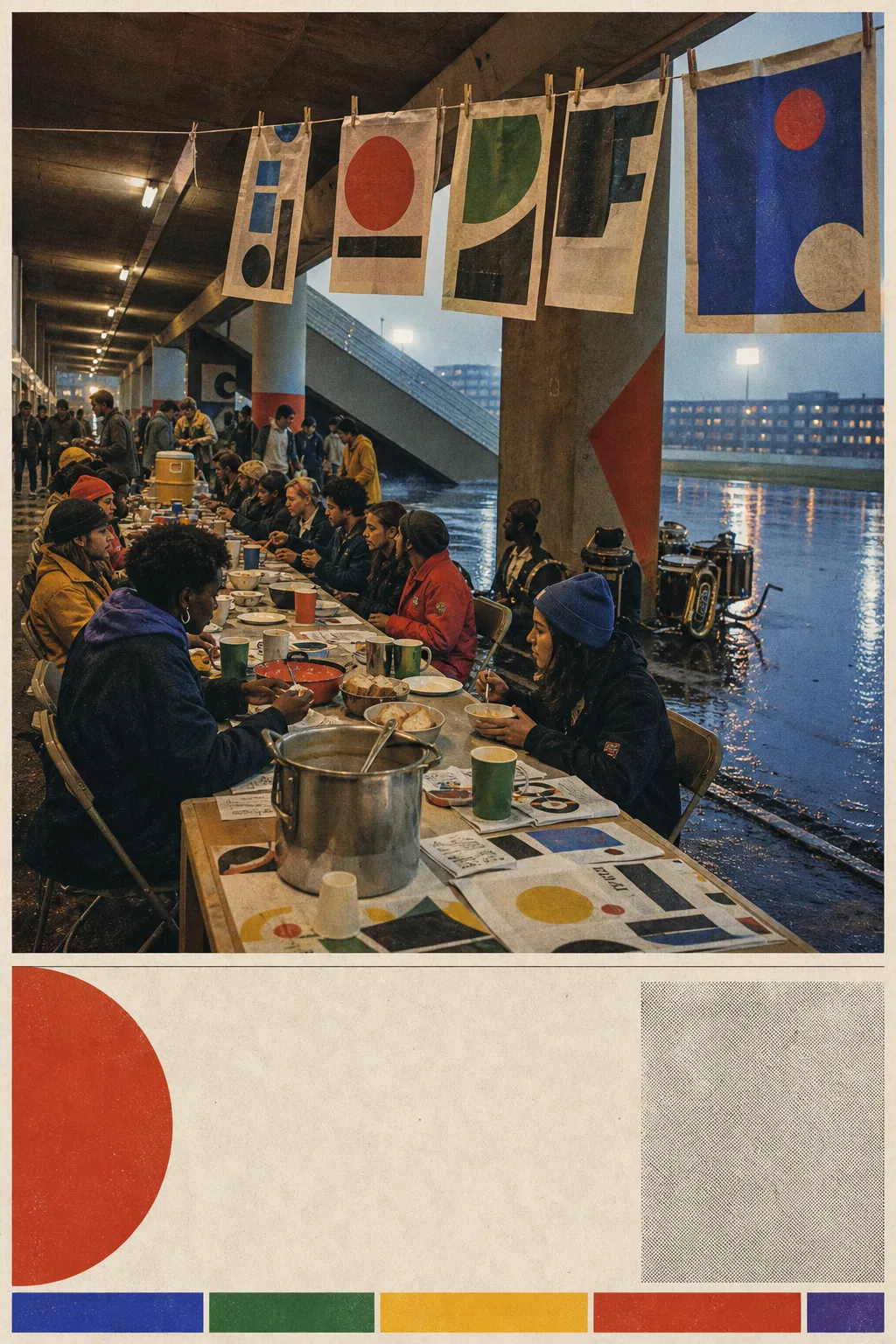 Fans and stadium workers share soup, bread, printed pages, reusable cups, and music at one long table beneath a rainy stadium porch after the game