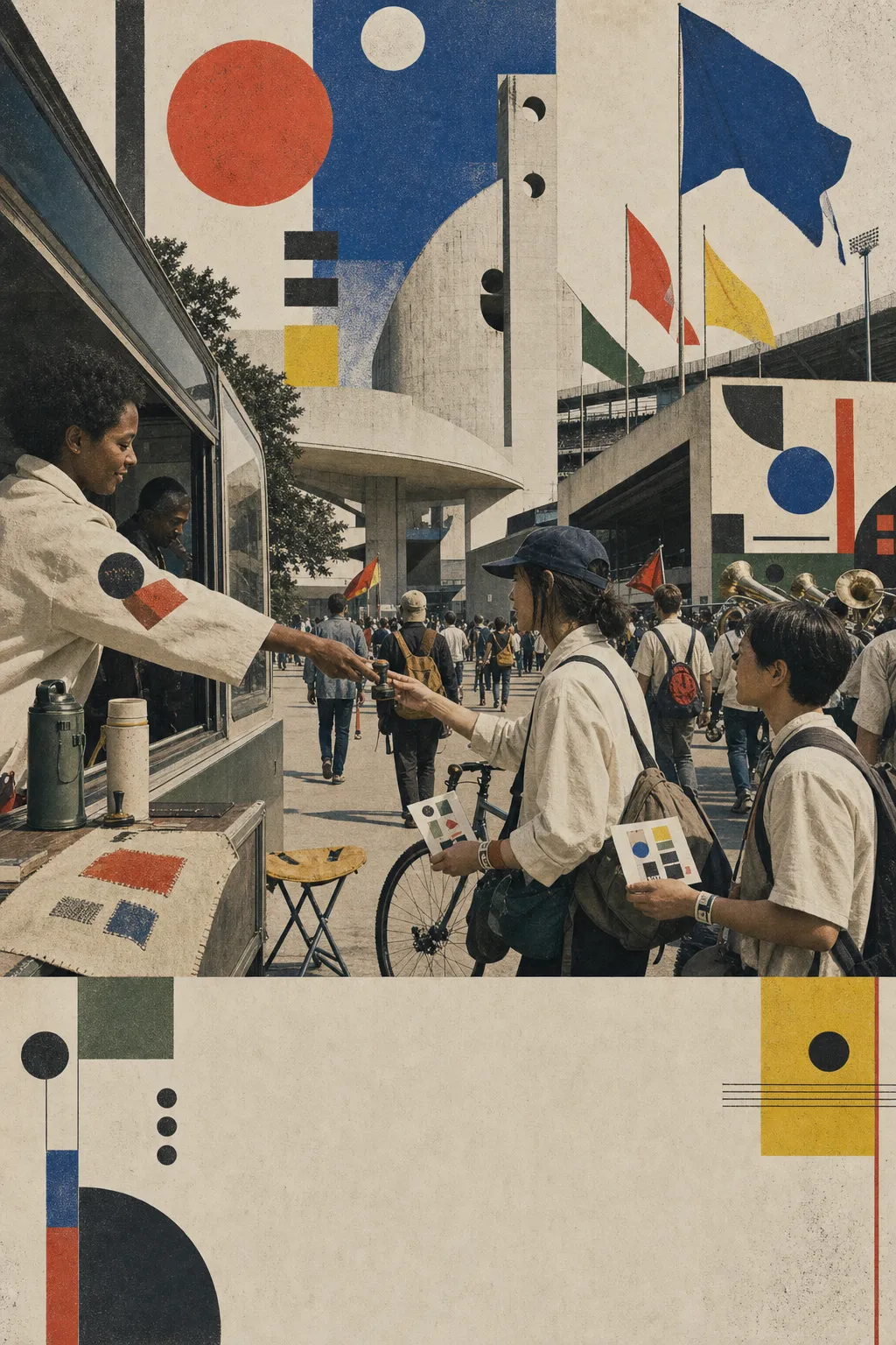 Students arriving by shuttle, bicycle, walking, and marching band receive abstract paper route cards and a small communal stamp at a stadium gate