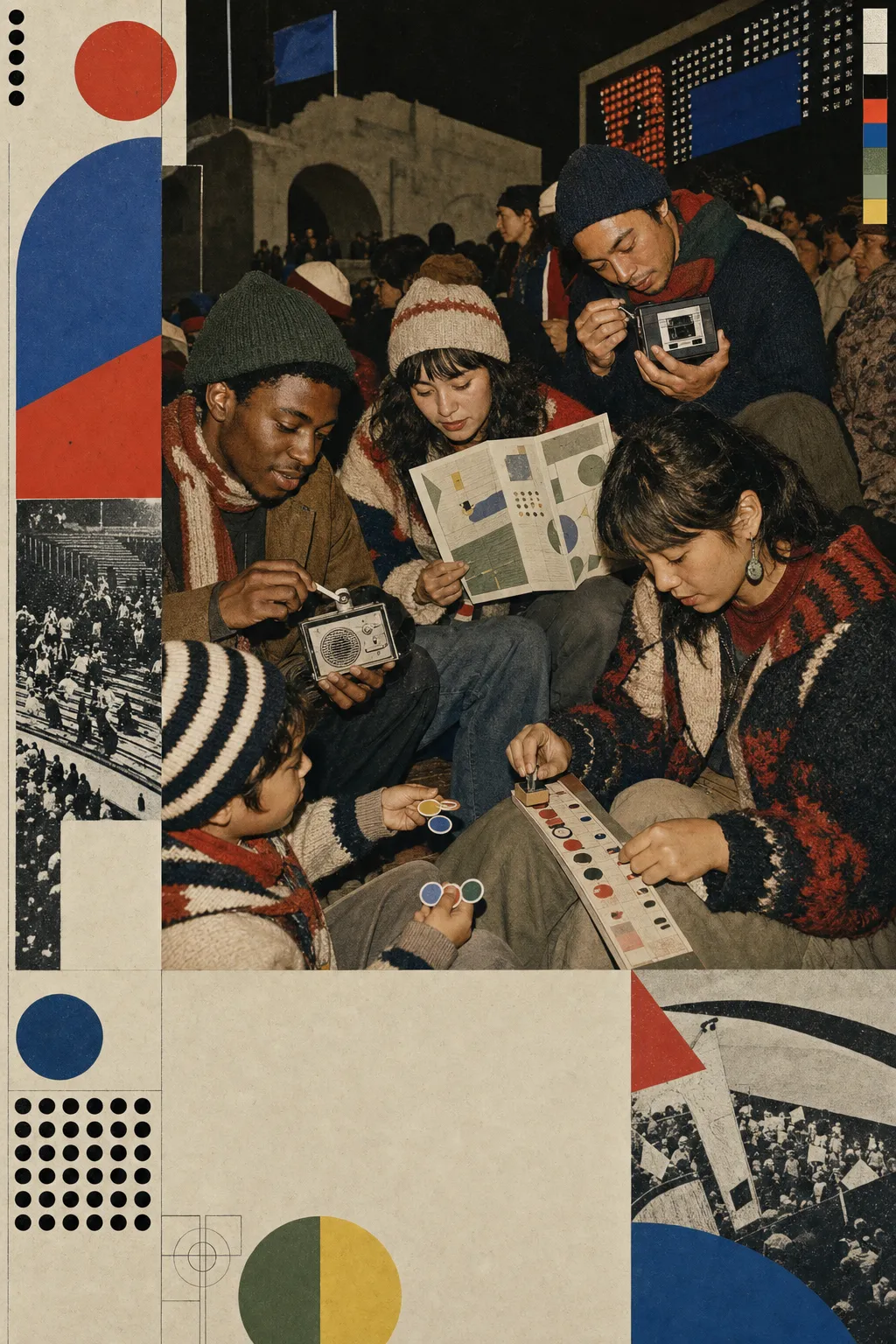 A diverse group of fans in knitted layers share a hand-crank radio, paper field guide, stamp strip, voice recorder, and abstract enamel tokens in the stands