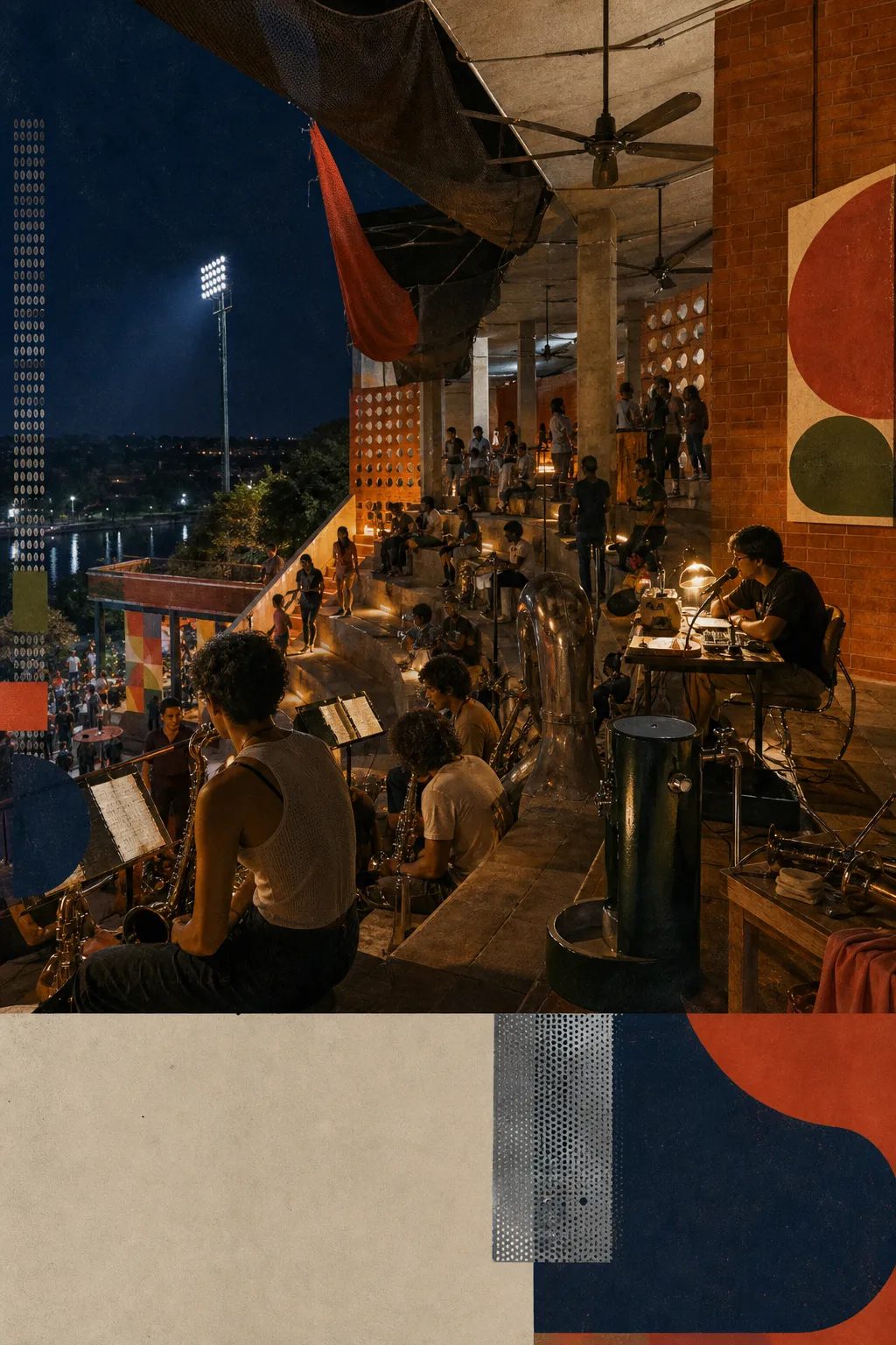Imagined nighttime band terrace with musicians, a small radio desk, river views, and warm stair lights