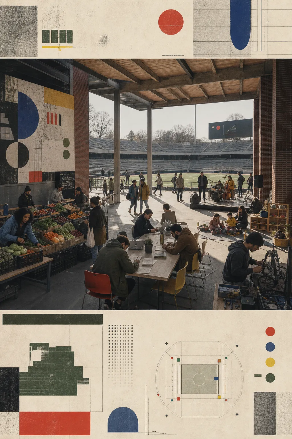 An imagined football concourse used on Monday as a produce market, repair clinic, study hall, childcare area, and rehearsal platform