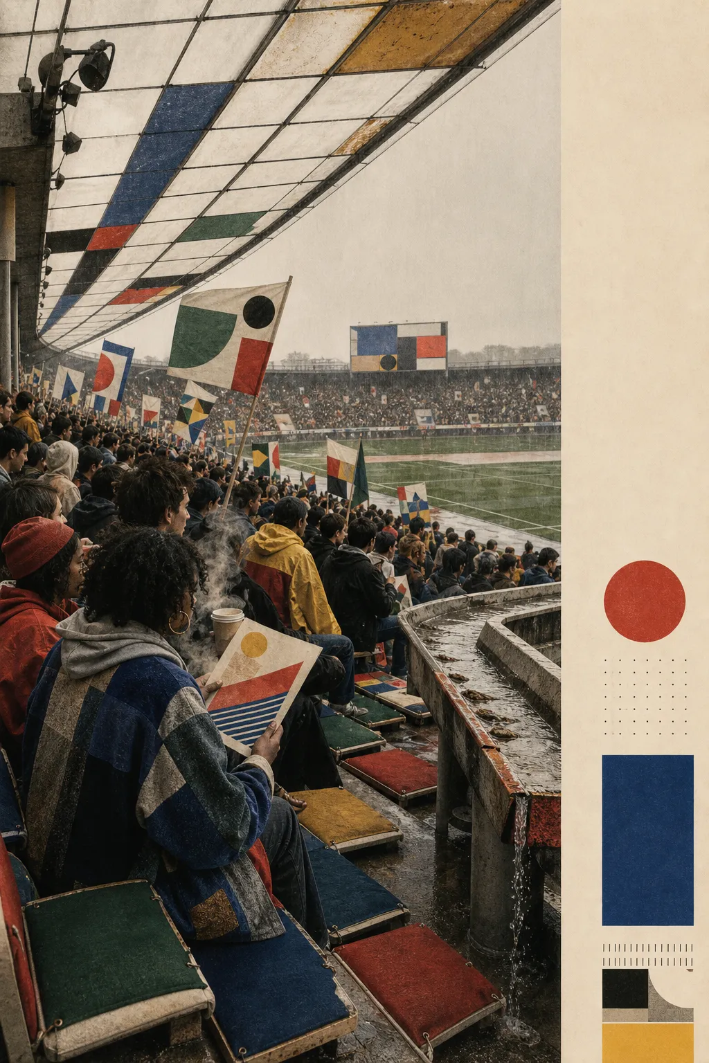 An imagined rainy student section beneath a translucent weather roof with handmade abstract flags, modular seat pads, paper programs, and visible rainwater channels
