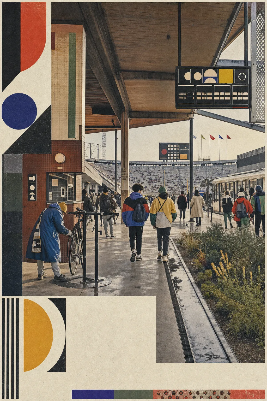 Imagined 2029 stadium transit porch with timber structure, tram, bicycle repair, rain channel, native planting, and students arriving