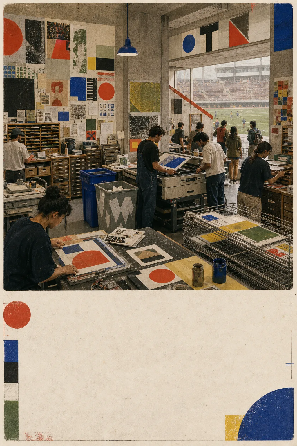 A student print hall overlooking the field with risograph tables, rubber stamp drawers, patch presses, drying racks, and abstract printed matter