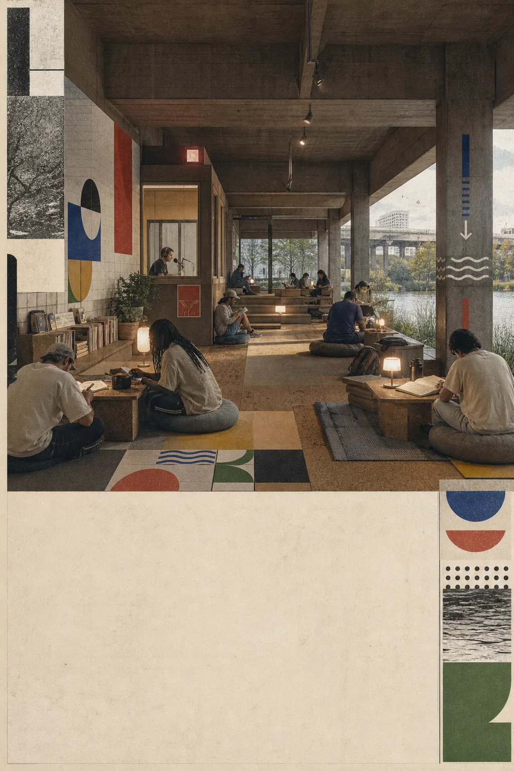 A quiet study and listening room under a stadium with cork tables, wool cushions, public radio booth, books, tea counter, rain garden, and river view