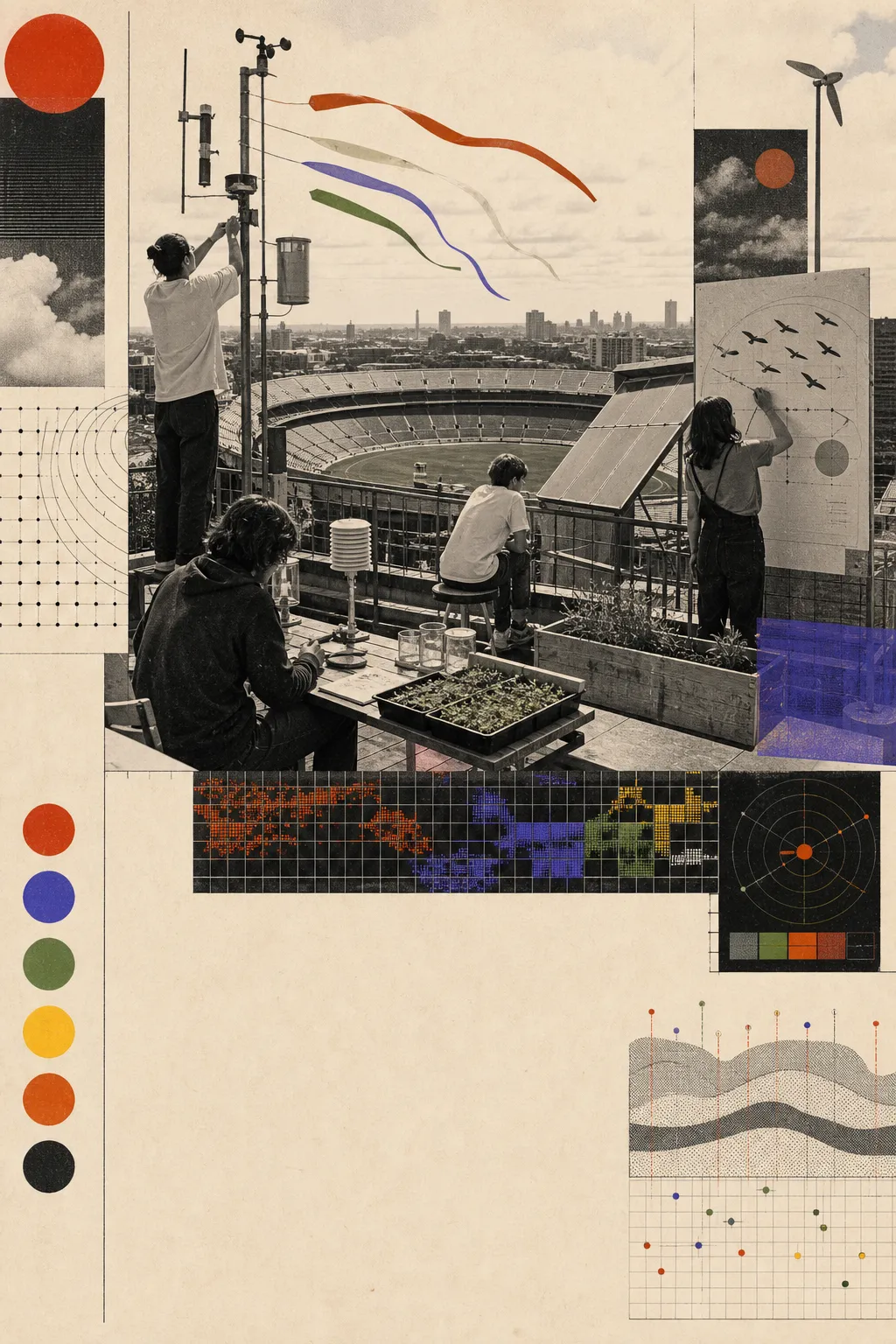 Students on a stadium roof use wind ribbons, rain gauges, solar panels, seed trays, and abstract migration diagrams to make a campus weather broadcast