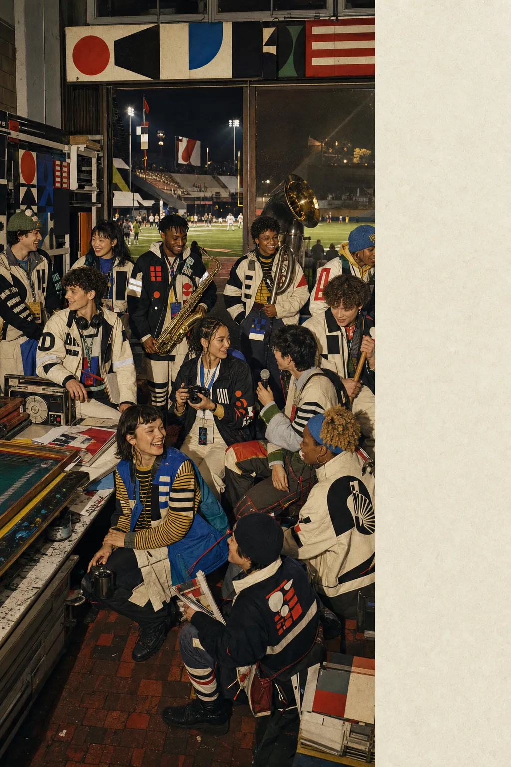 Band, Newsroom, Night Shift, an original speculative 2029 student game-day gear study