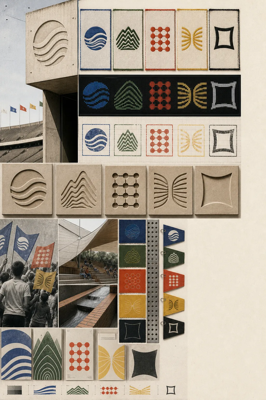 Original abstract identity marks presented as patches, scoreboard pixels, flags, and architectural tiles