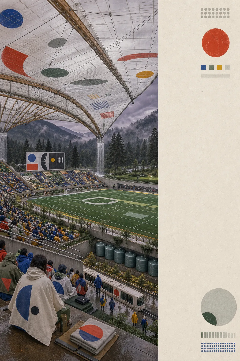 Imagined 2029 mountain stadium with translucent rain roof, timber structure, tram, cisterns, and student rain capes