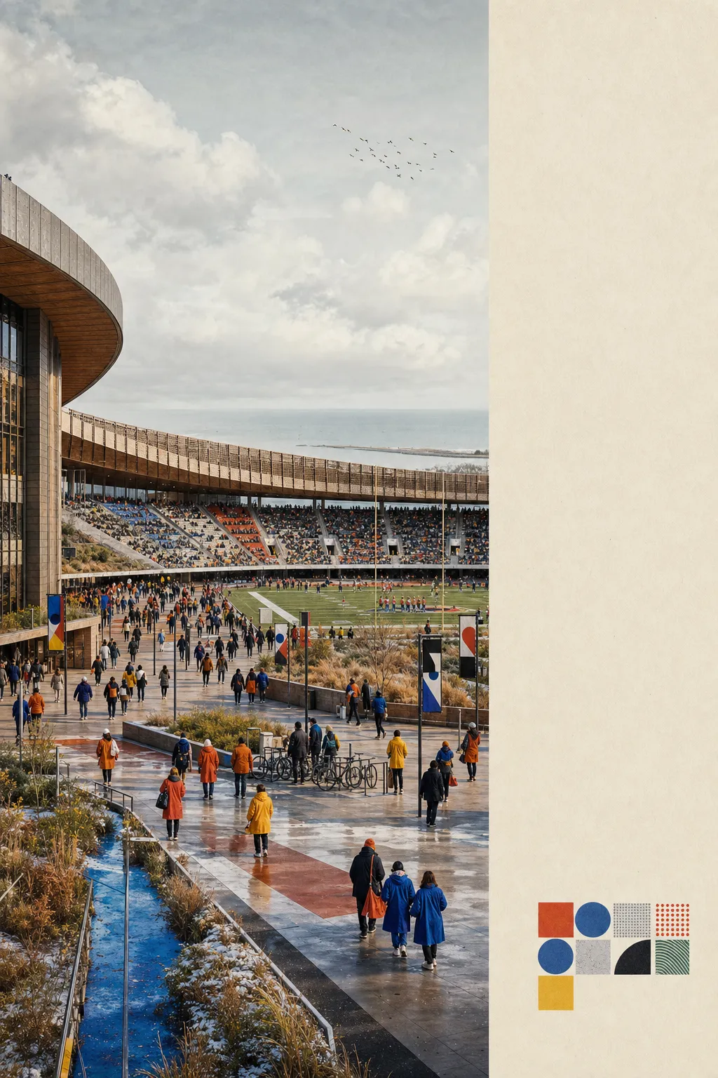 River Night Commons, an original speculative 2029 college-football stadium study