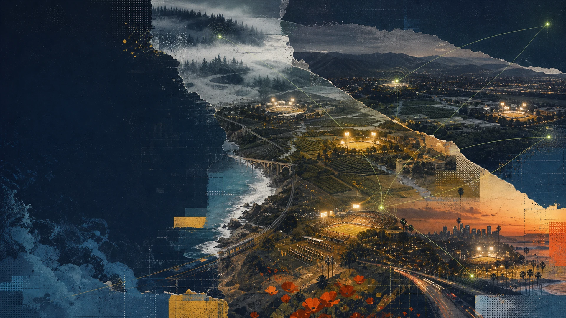 Editorial collage of California landscapes, stadium lights, rail lines, and radio signals at blue hour