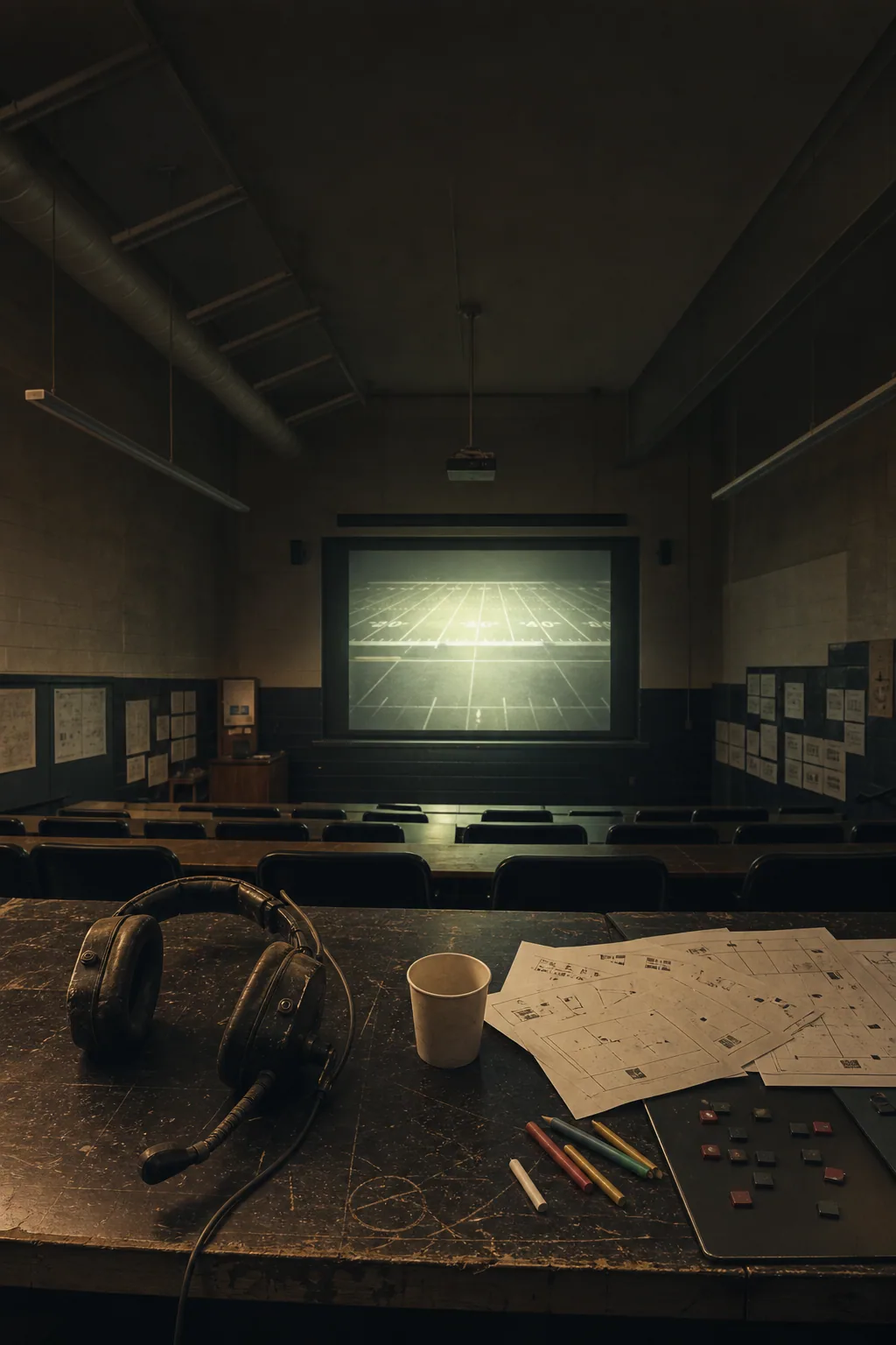An imagined empty football film room before dawn