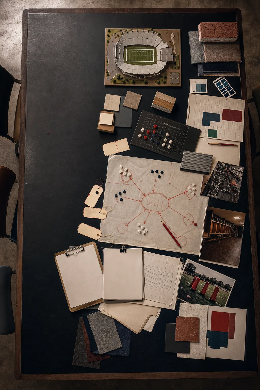 An imagined football program planning table with anonymous hands, maps, budget sheets, and field diagrams