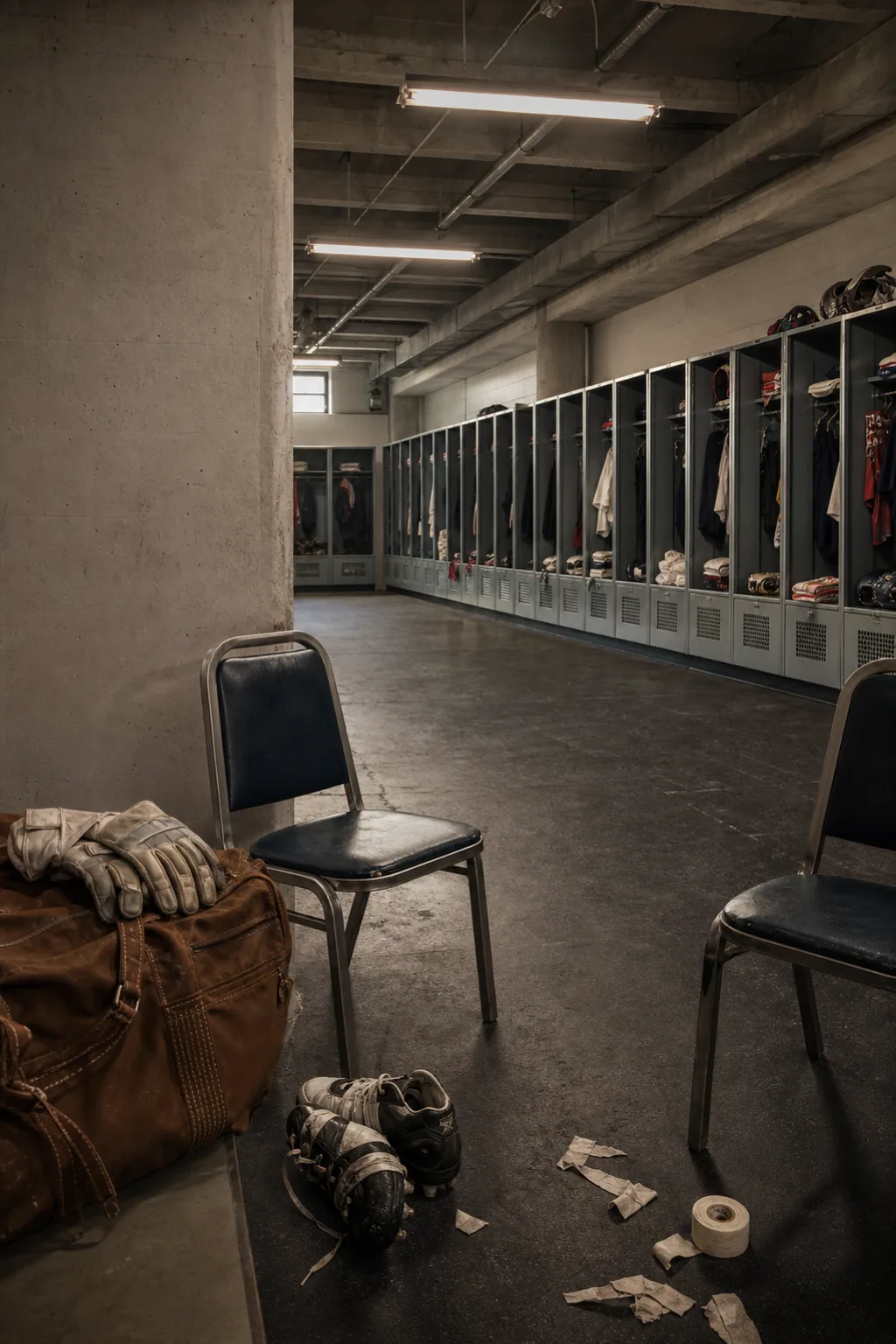 An imagined worn football locker room with repaired equipment and two empty chairs