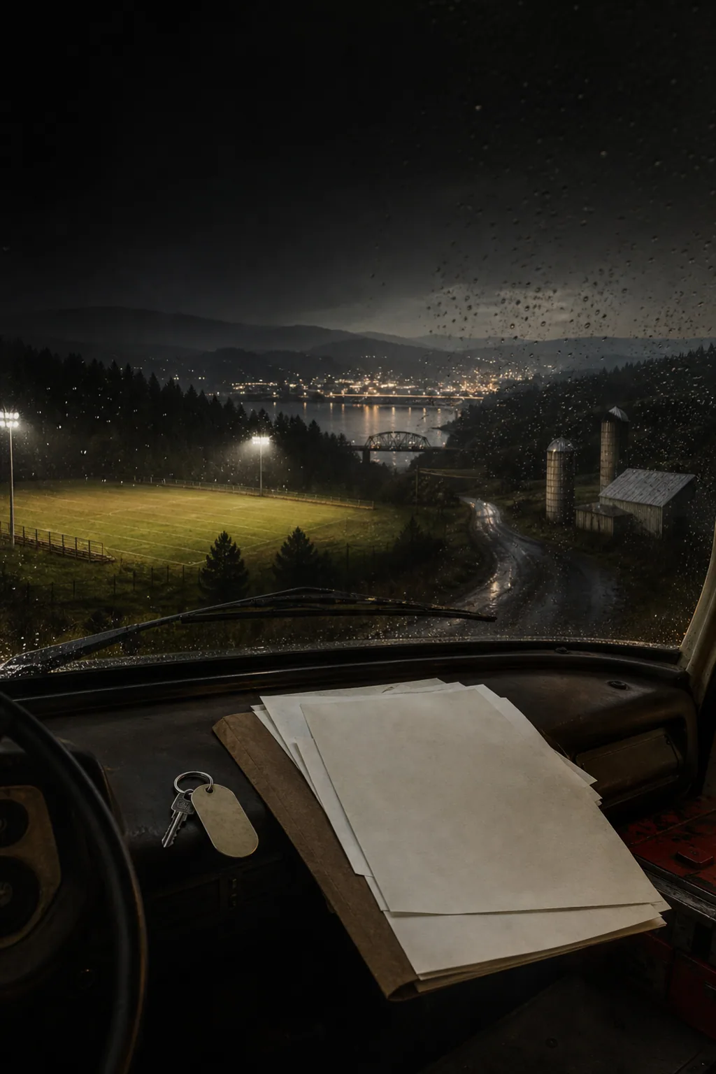 An imagined rainy recruiting drive through a football field, farmland, river, and city