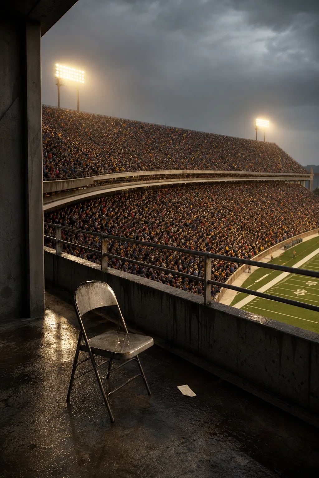 An imagined packed stadium at wet November twilight, seen beside one empty chair