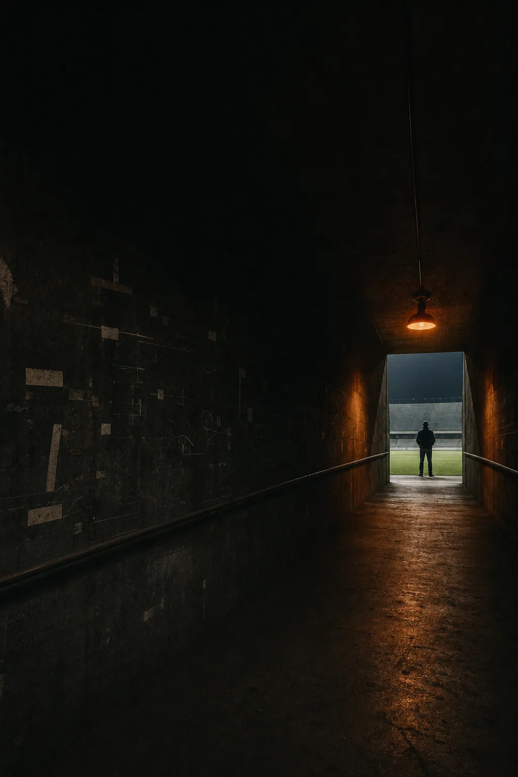 An imagined dark stadium tunnel with one anonymous figure at the field entrance