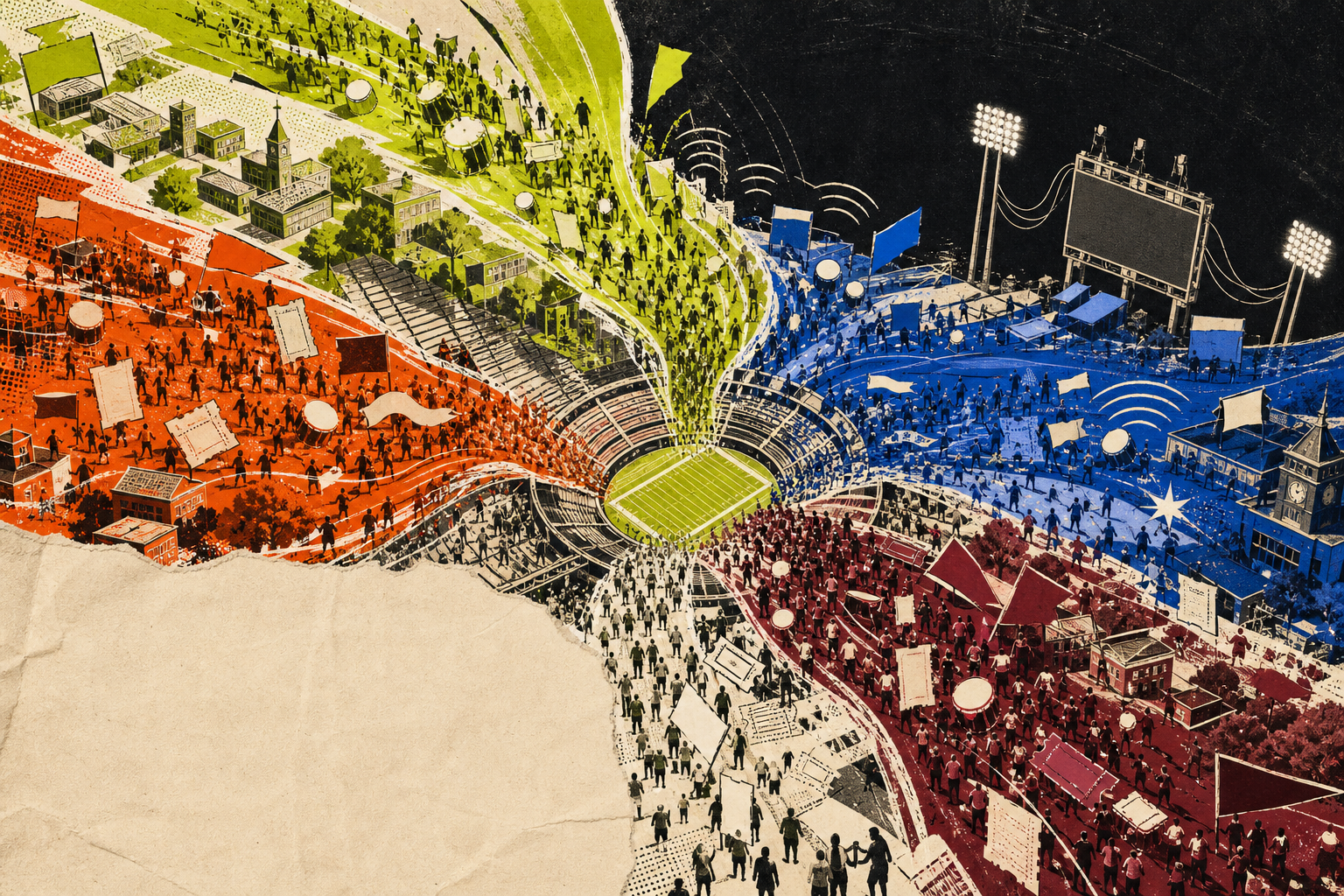Five colorful abstract campus crowds converging on one shared fictional stadium