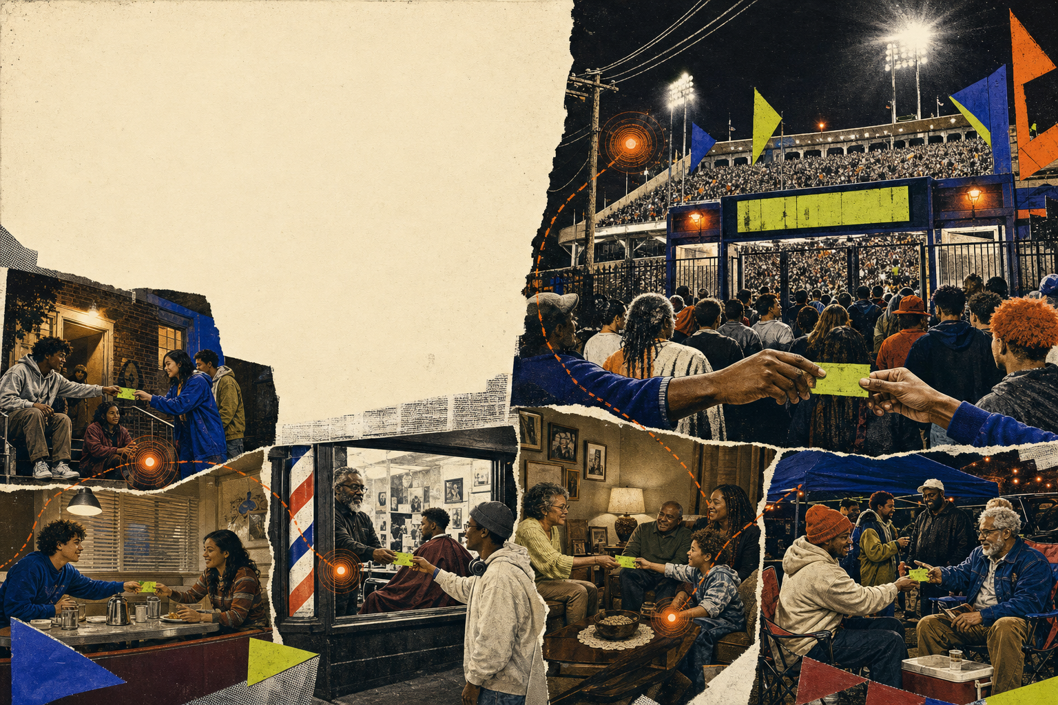 A collage of students, families, neighborhood places, alumni, and stadium crowds passing a bright paper ticket