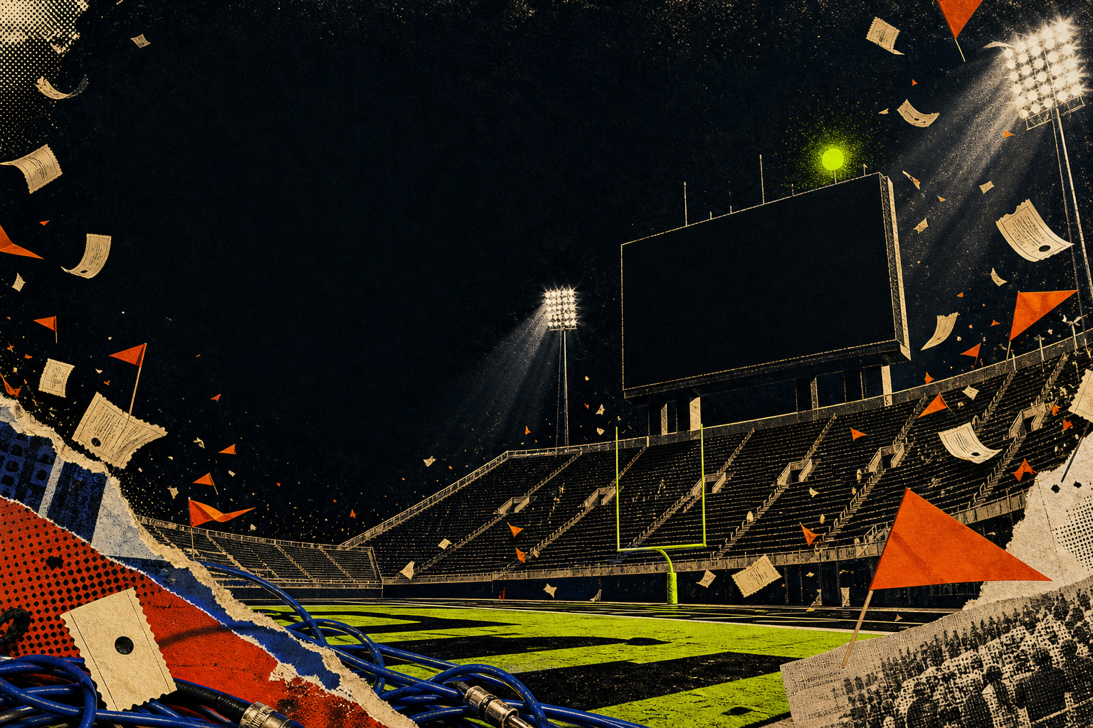 An empty fictional football stadium charged with flying paper tickets, orange pennants, and one acid-lime signal light