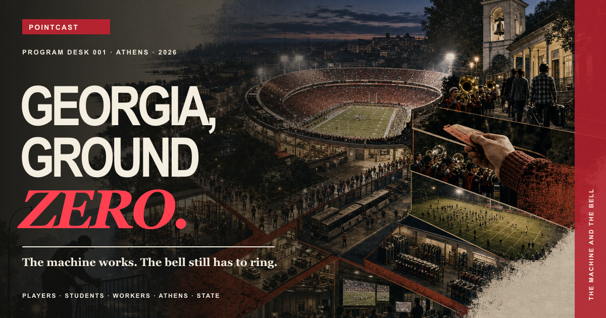 Georgia, Ground Zero title over a stadium, students, band, workers, buses, and chapel bell
