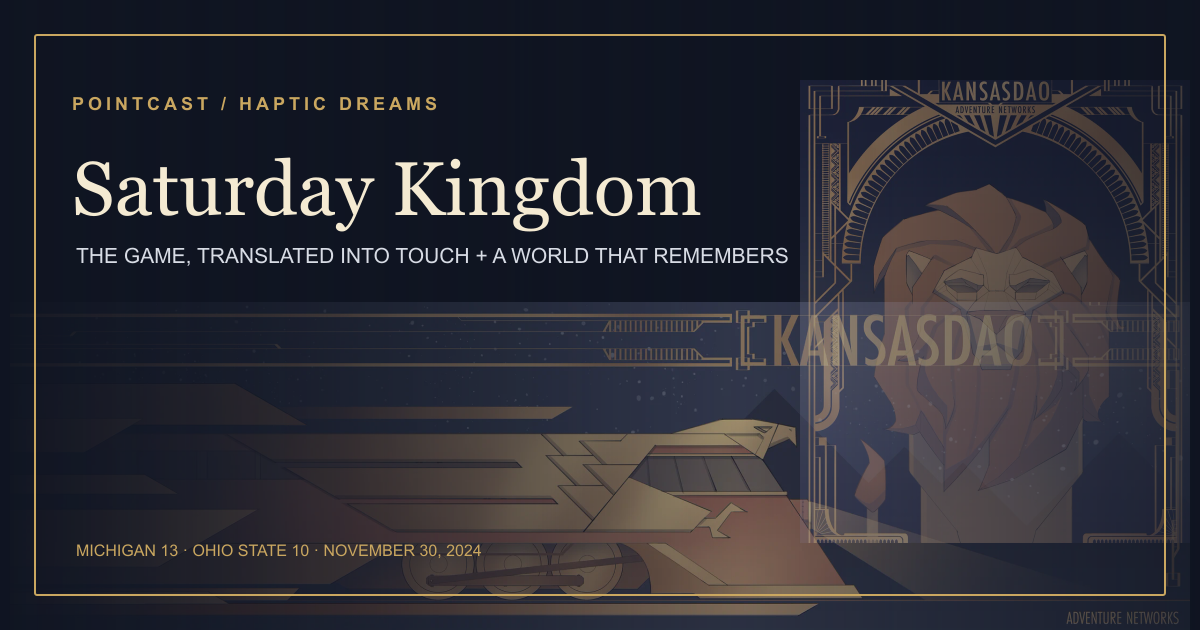 Saturday Kingdom title over Jon Snow's Art Deco KansasDAO lion and train