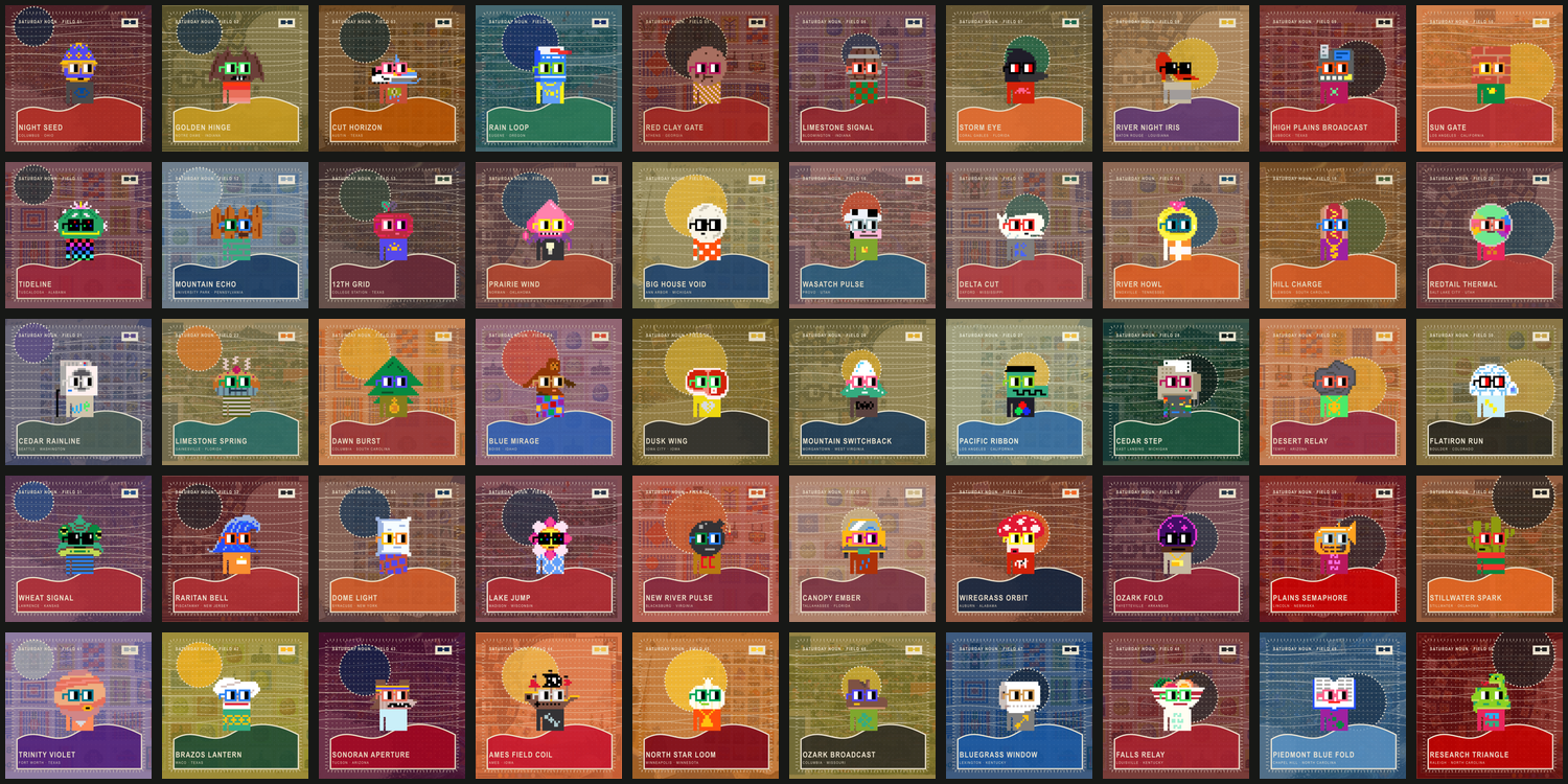 All fifty Saturday Signal Nouns arranged as a print-shop contact sheet