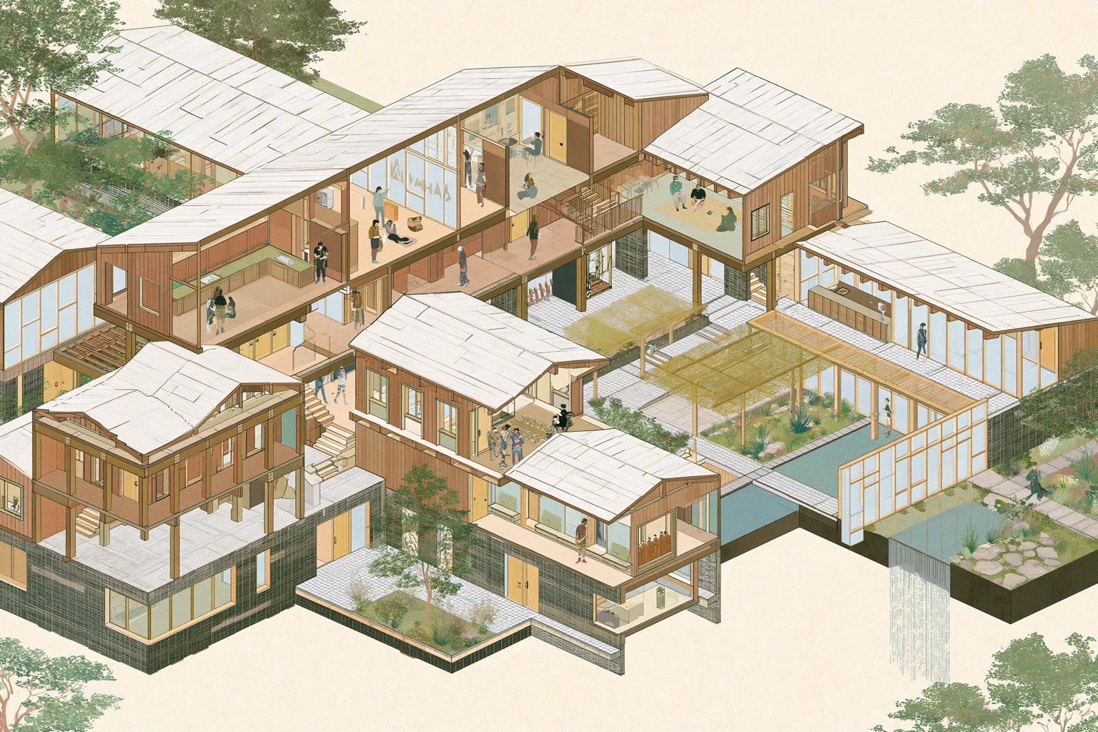 Exploded architectural cutaway of an imagined cross-council house and public commons